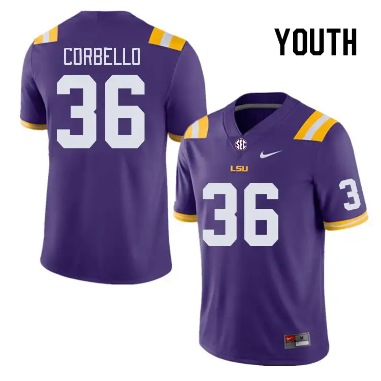 Youth LSU Tigers Aidan Corbello #36 Purple NCAA Football Jersey